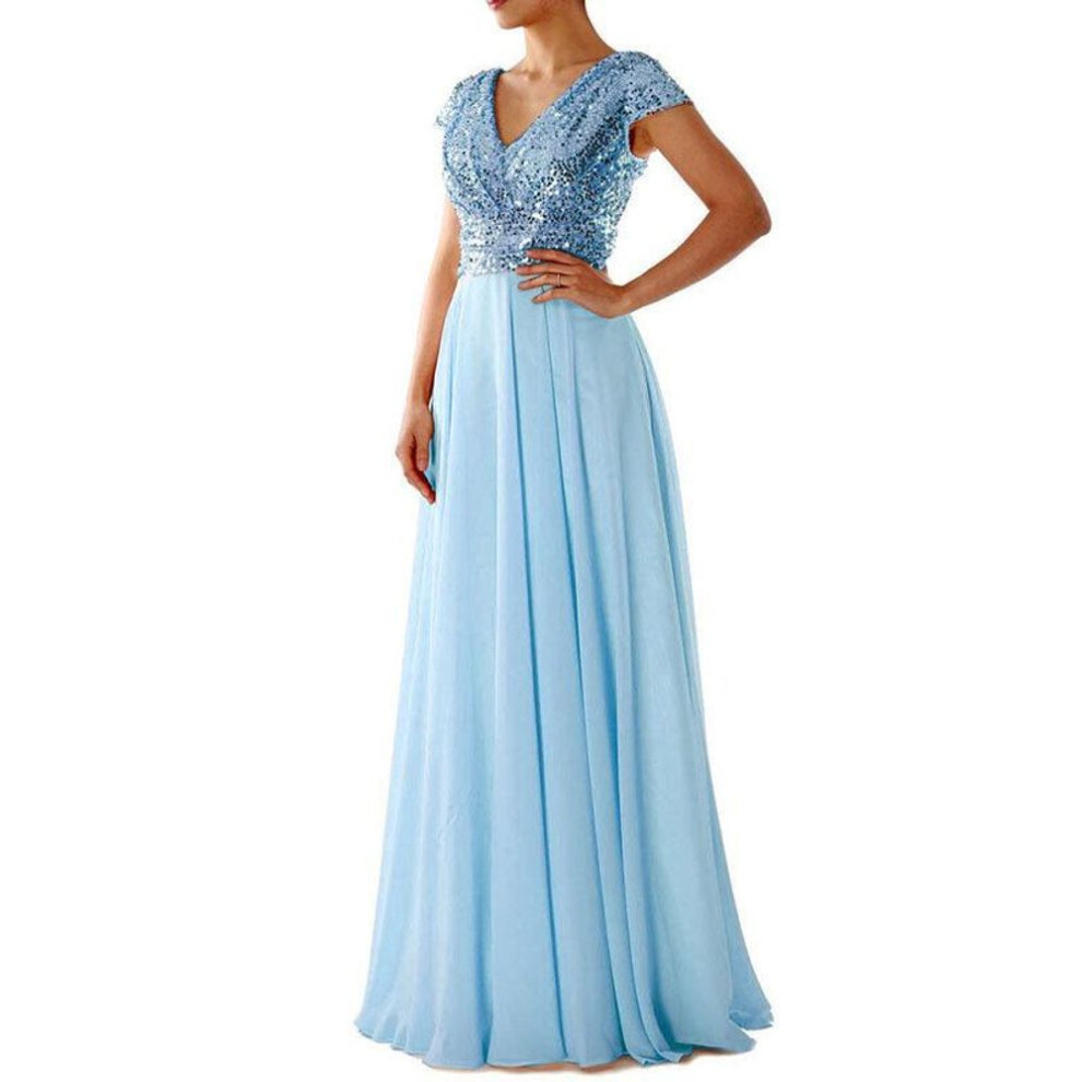 (sky blue, XL) New V-neck Sequined Chiffon Evening Dress