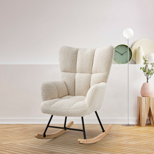 Living And Home Beige Tufted Sherpa Upholstered Rocking Chair 1