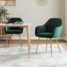 2Pcs Modern Green Velvet Dining Chairs with Polished Gold Legs