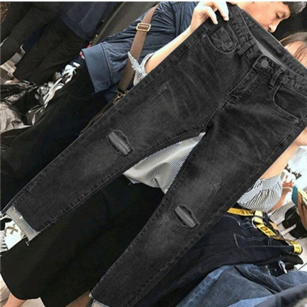 (black, L) Women's High Waist Slim Fit Skinny Jeans With Irregular Slits And Ripped Detailing