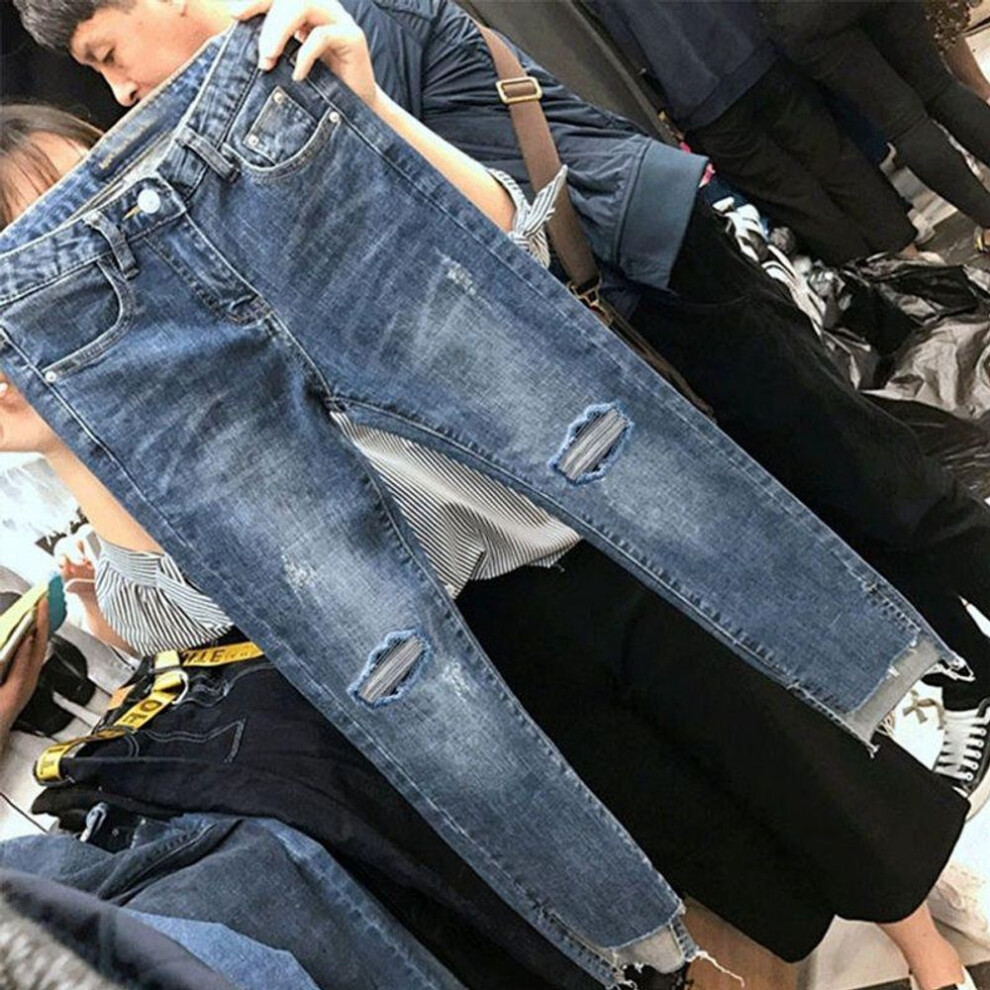 (blue, M) Women's High Waist Slim Fit Skinny Jeans With Irregular Slits And Ripped Detailing