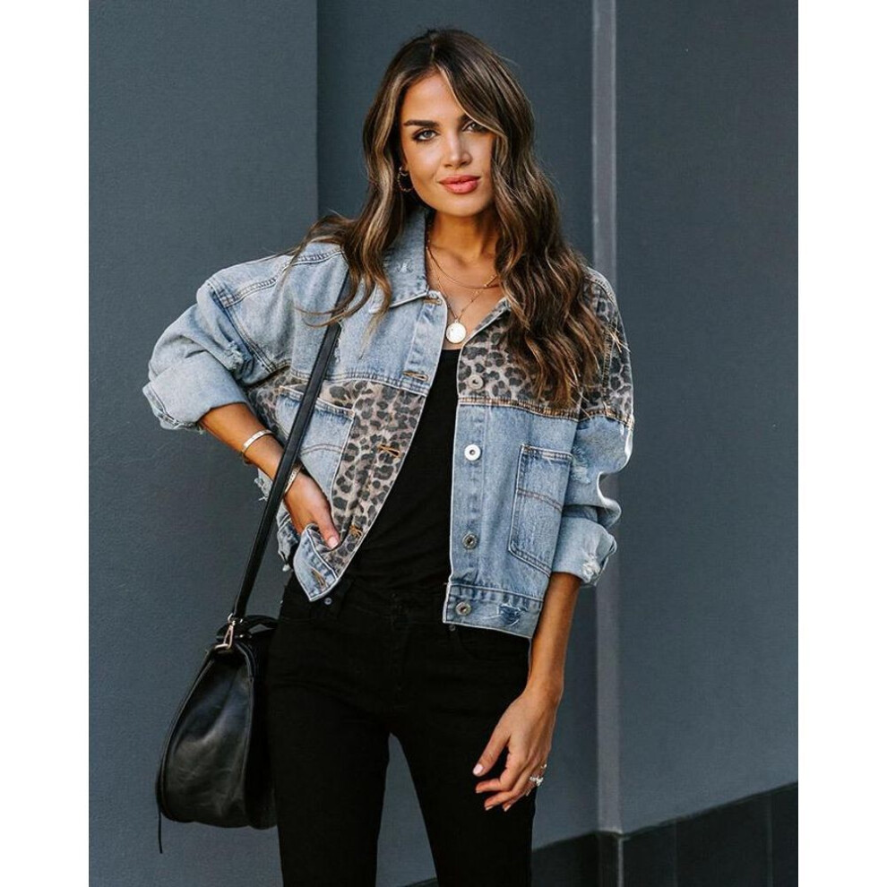 (S) Leopard Print Patchwork Ripped Denim Casual Jacket