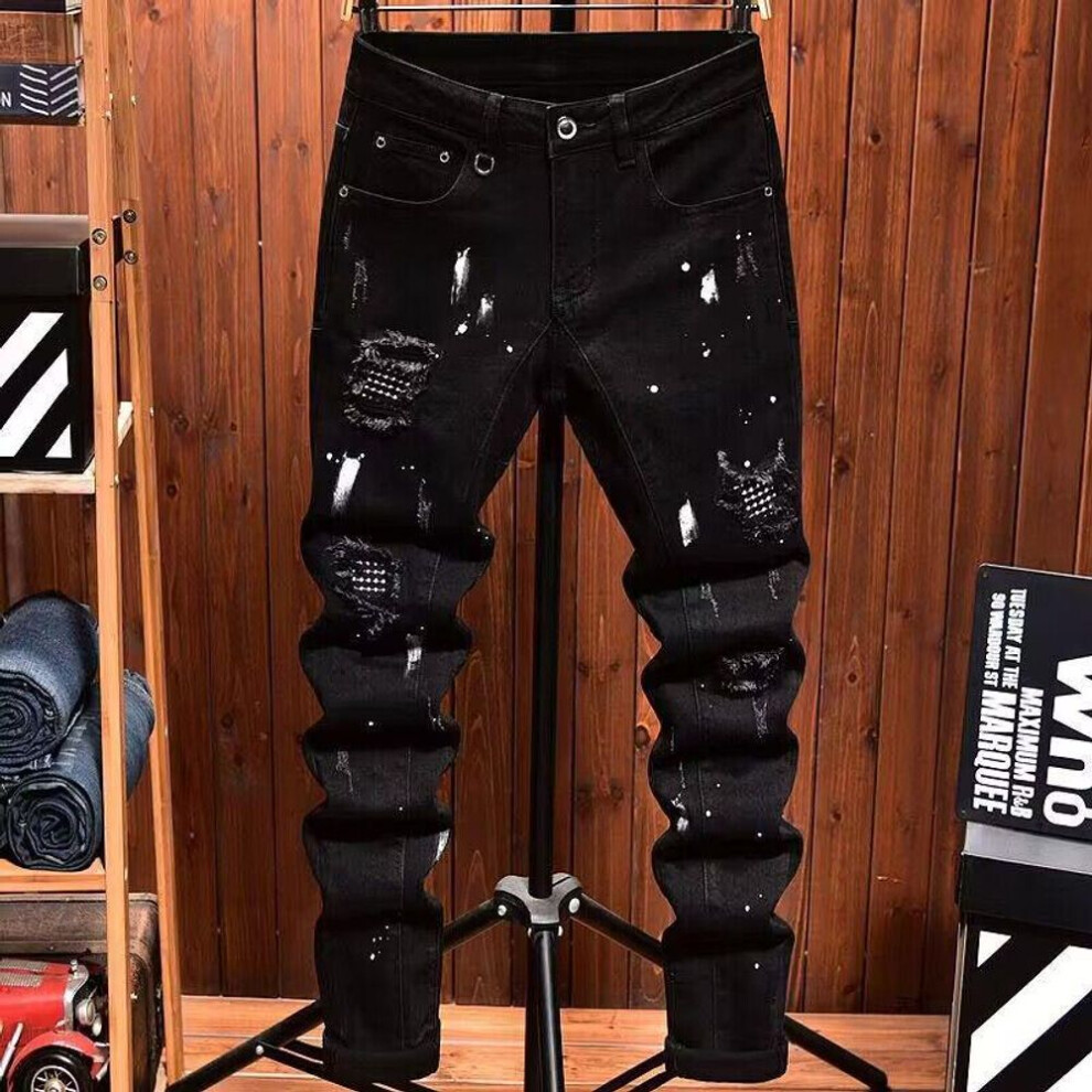 (black, 34) Men's Slim Fit Distressed Patch Jeans - European Light Luxury Fashion, Autumn/Winter Collection