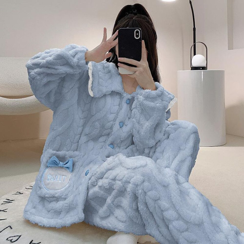 (blue, 3XL) "plus Size 250 Jin Women's Flannel Pajama Set - Thick Coral Fleece Cardigan For Autumn/winter