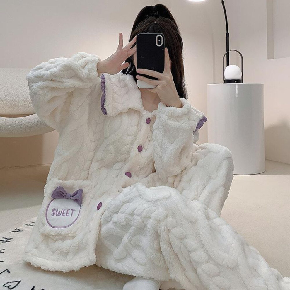 (white, 4XL) "plus Size 250 Jin Women's Flannel Pajama Set - Thick Coral Fleece Cardigan For Autumn/winter