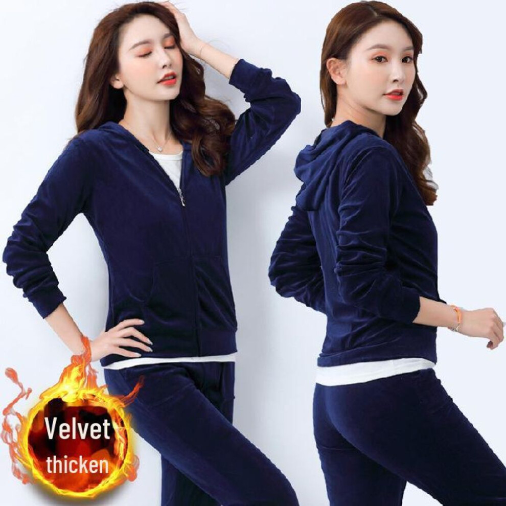 (navy blue, XXL) "Women's Winter Gold Velvet Sporty Two-Piece: Stylish Sweater & Wide-Leg Pants