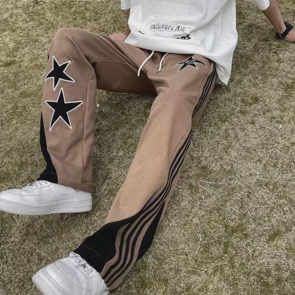 (brown, XXL) Unisex Retro Star Embroidered Casual Straight Loose Pants for Couples