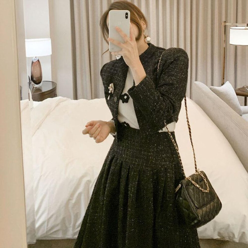 (black, Large) Women's 2023 Winter Korean Style Woolen Two-Piece Suit: Short Coat & Swing Skirt.