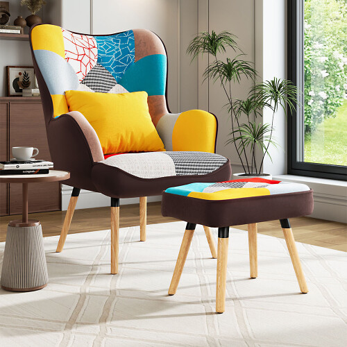 Living And Home Patchwork Wingback Armchair with Footrest & Cushion 1