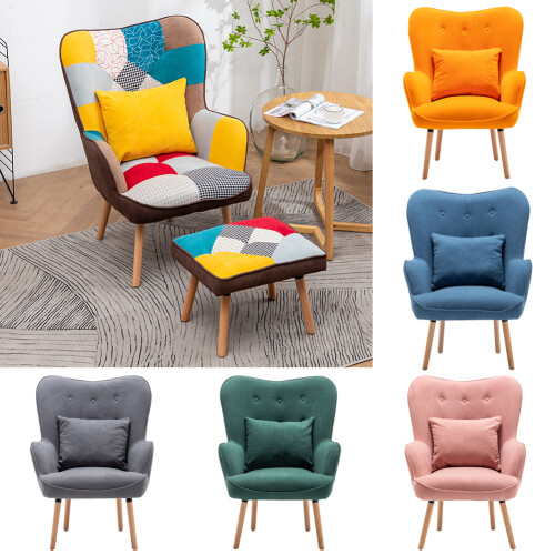 Living And Home Patchwork Wingback Armchair with Footrest & Cushion 2