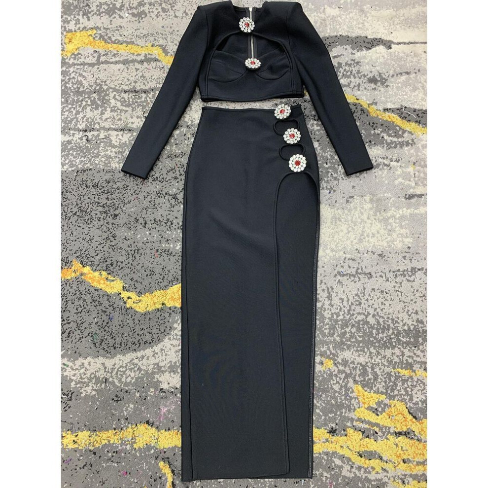 (black, Large) "women's Sexy Black Diamond Cutout Long-sleeve Top & Side Slit Skirt Two-piece Set