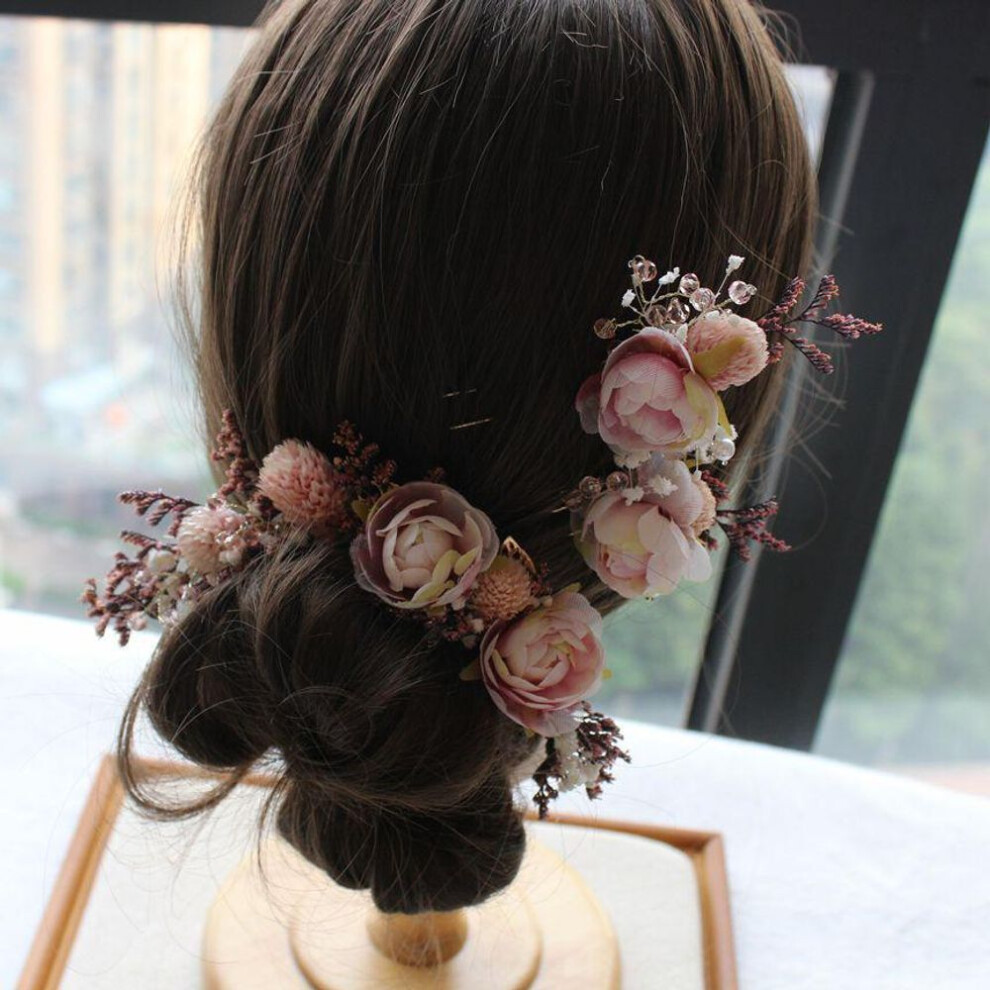 (pink) "Handmade Lace Dried Flower Bridal Hair Accessories Set