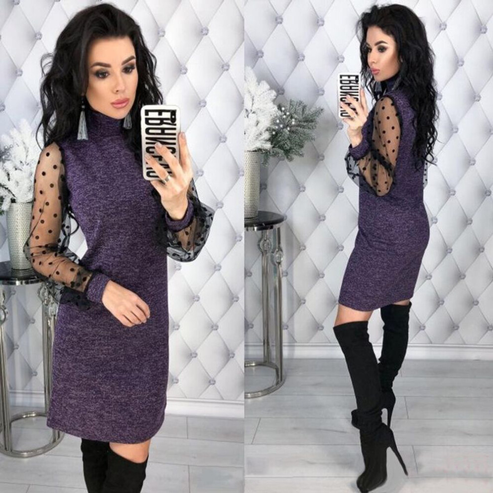 (purple, Small) European and American Retro Lace Long-Sleeve Sexy Spring/Autumn Straight Dress for Women