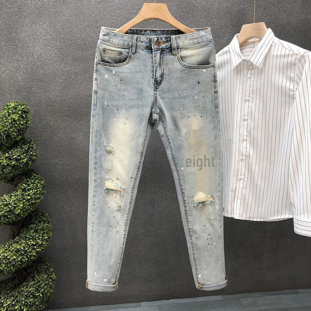 (34 (155-165 lbs)) Men's Slim Fit Raw Edge Distressed Nine-Point Jeans - Summer Thin Korean Style