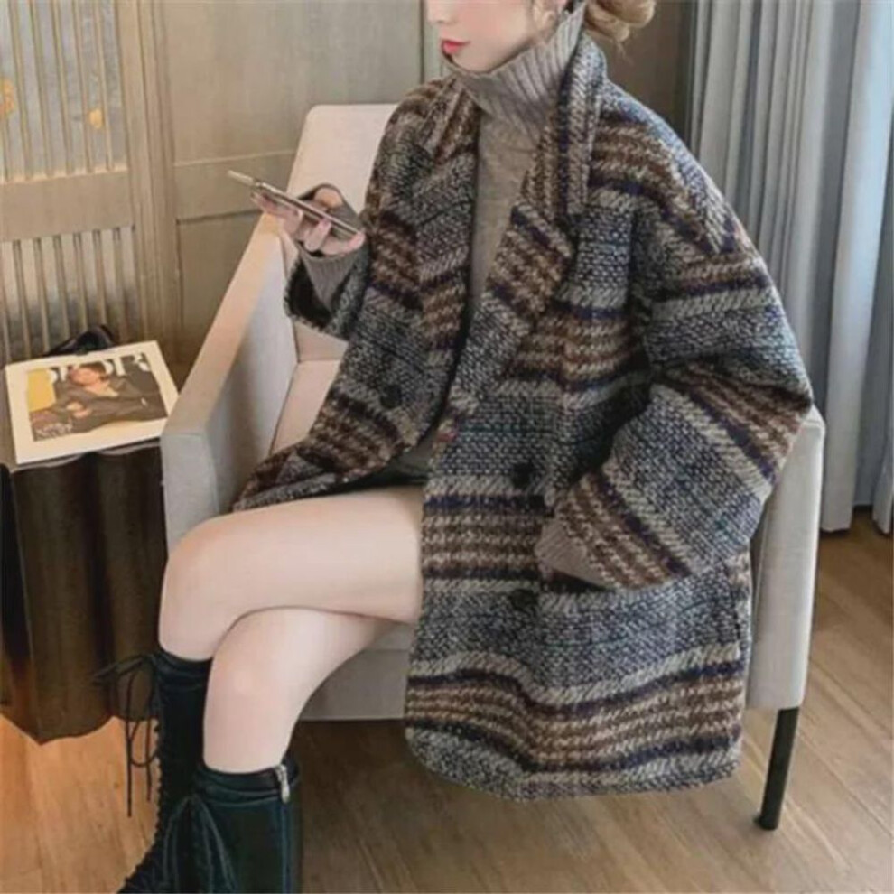 (green, L) "2025 Autumn/winter Korean Plaid Woolen Coat For Petite Women - Trendy Medium-length Tweed Design