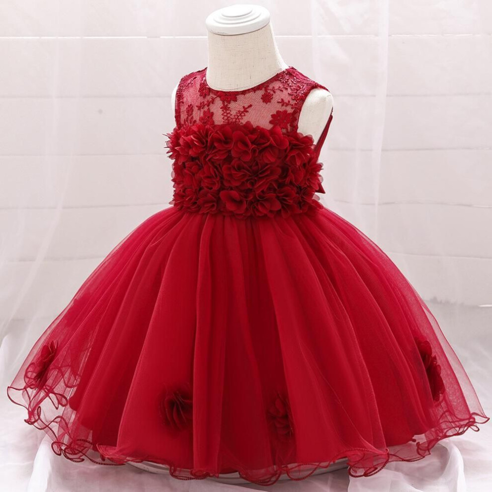 (maroon, 80 cm) 2024 Summer Flower Girl Lace Dress: European & American Style, Tube Top with Tulle Skirt