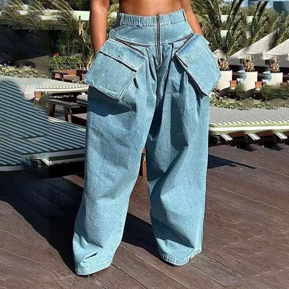 (blue, L) Women's 2025 Spring High-Waist Wide-Leg Jeans with Large Pockets