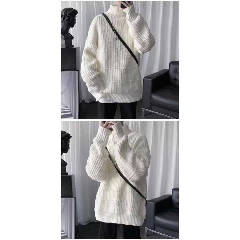 (white, XL) Men's Thick Warm Knitted Turtleneck Sweater - Autumn/Winter Trendy Lazy Style
