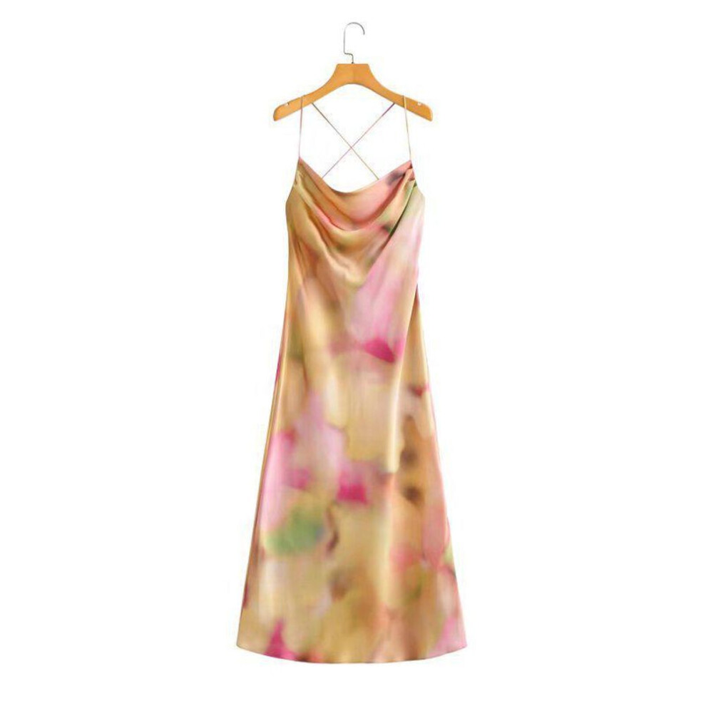 (Small) "Silk Satin Tie-Dye Suspender Maxi Dress: Women's Backless Beachwear for Spring & Summer