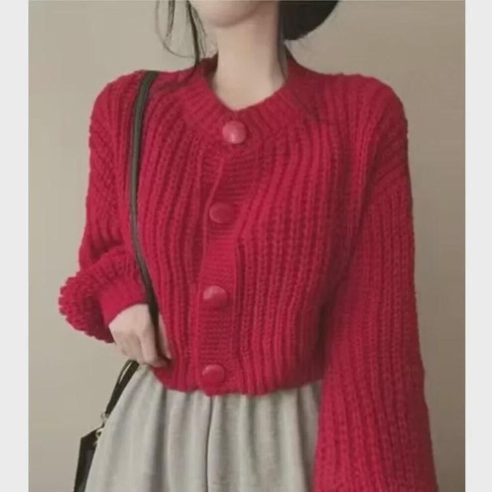 (white, One Size) "2025 Dongdaemun Women's Slim Cardigan: Round Neck, Long Sleeve, Button-up Sweater