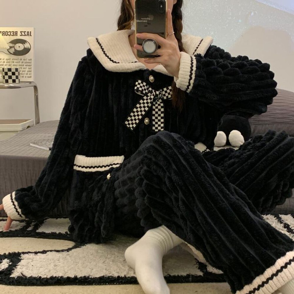 (XXL) "girls' Black College Style Flannel Pajamas - Cute, Thick Coral Fleece, Large Size For Autumn And Winter.
