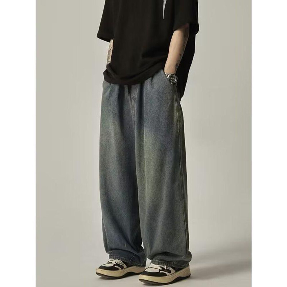 (blue, S) Men's Retro Washed Distressed Wide-Leg Casual Jeans with Elastic Waist