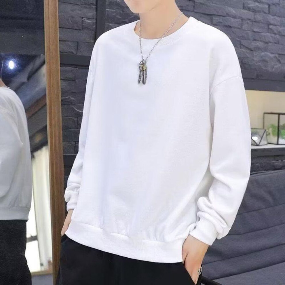 (white, 3XL) "Men's Long-Sleeve Round Neck Solid T-Shirt, Casual Loose Fit, Hong Kong & Korean Style