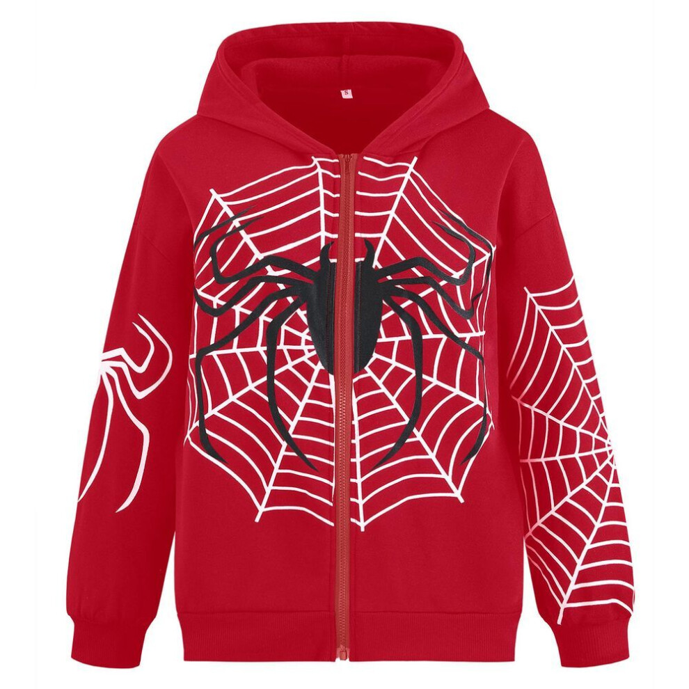 (red, Double Extra Large) "spider Web Print Y2k Fleece Women's Hoodie - Autumn/winter Casual Zipper Cardigan