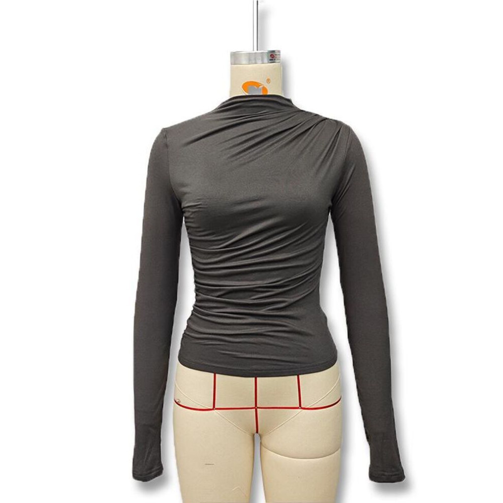 (black, Small) 2024 Autumn/Winter Women's Slim Fit Pleated High Collar Long Sleeve Solid Color Fashion Tops