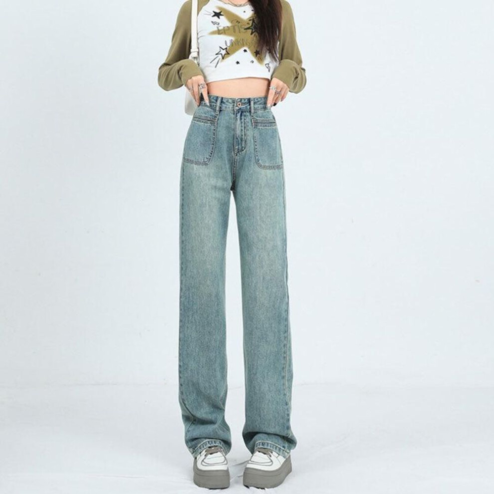 (medium blue, Extra Large) Women's Blue-Gray High Waist Wide-Leg Jeans - Casual Spring/Autumn Loose Fit