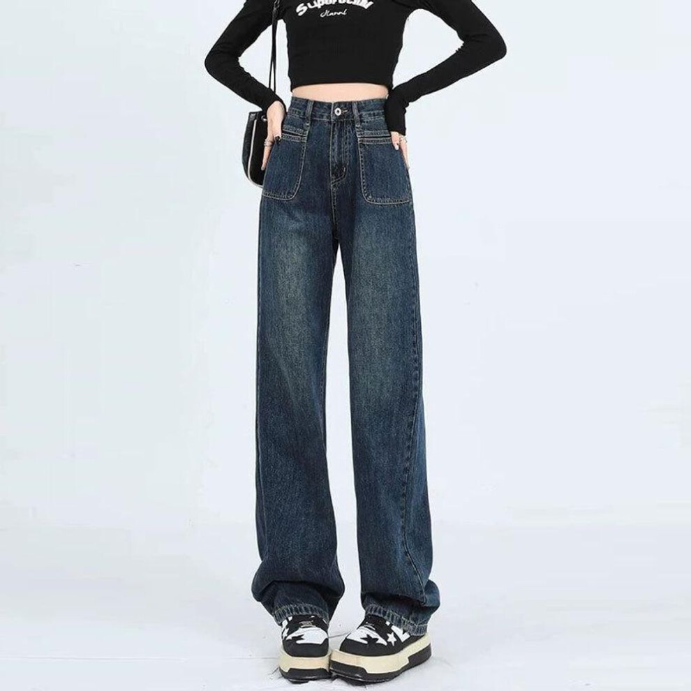 (blue-gray, Extra Large) Women's Blue-Gray High Waist Wide-Leg Jeans - Casual Spring/Autumn Loose Fit