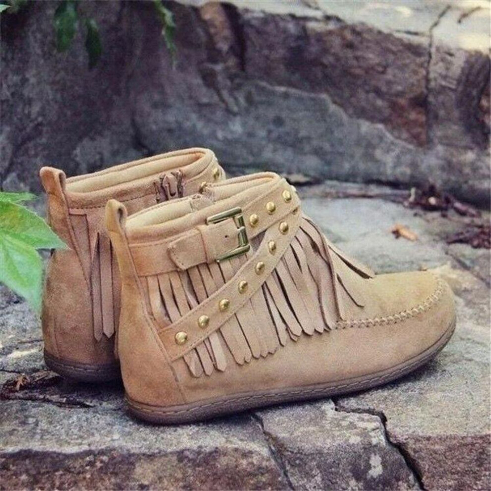 (khaki, 36) 2023 Autumn/Winter Women's Tassel Martin Boots - European & American Style Retro Flat Buckle Knight Boots.