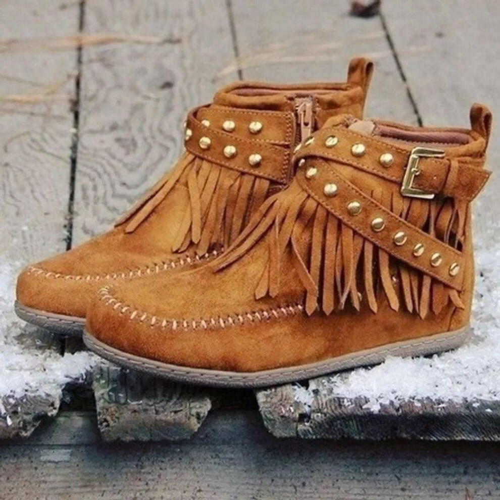 (brown, 42) 2023 Autumn/winter Women's Tassel Martin Boots - European & American Style Retro Flat Buckle Knight Boots.