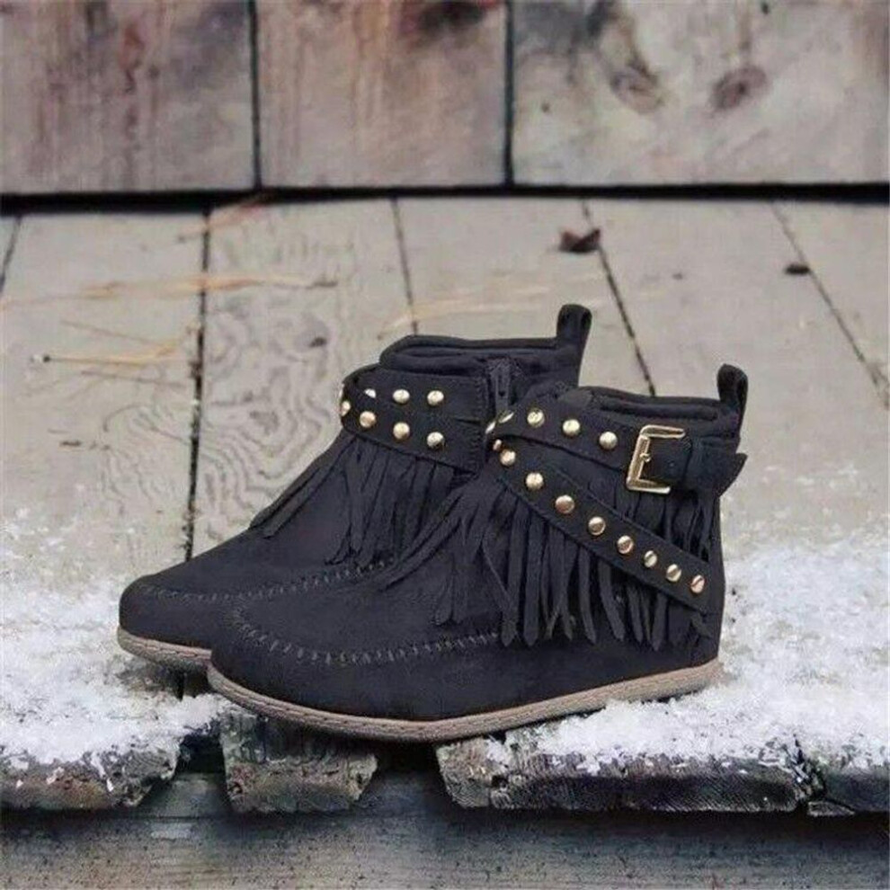 (black, 37) 2023 Autumn/Winter Women's Tassel Martin Boots - European & American Style Retro Flat Buckle Knight Boots.