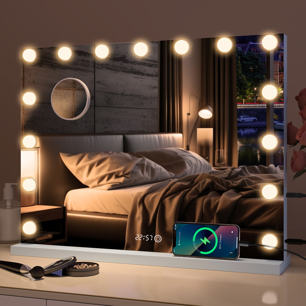ELECWISH Makeup Mirror LED Lighted Hollywood Mirror USB Type C 15 Bulb