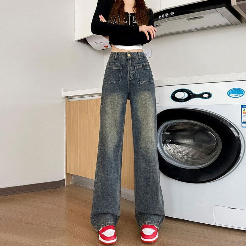 (Large) Nostalgic Cement Gray High-waist Loose Wide-leg Jeans For Women