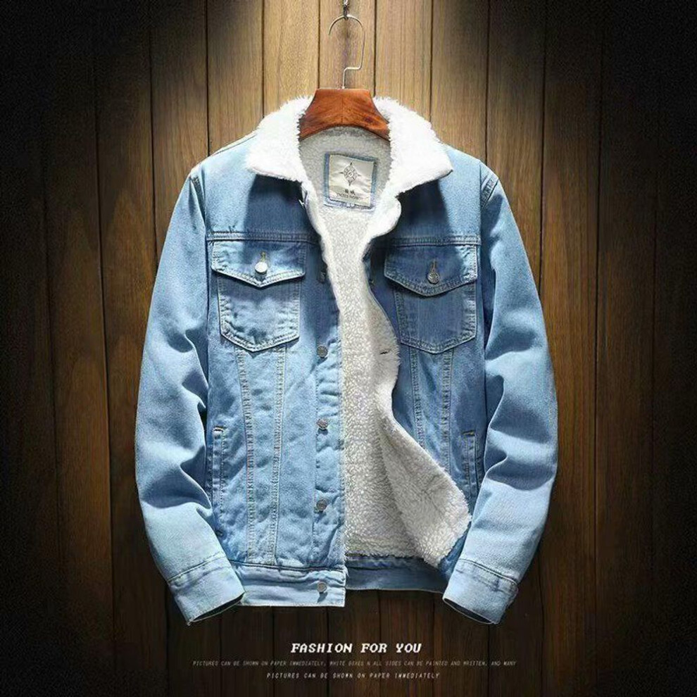(light blue, S) "Men's Korean Style Winter Retro Denim Jacket with Thick Lambskin Lining
