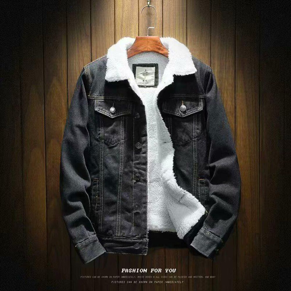 (black, XXXL) "Men's Korean Style Winter Retro Denim Jacket with Thick Lambskin Lining