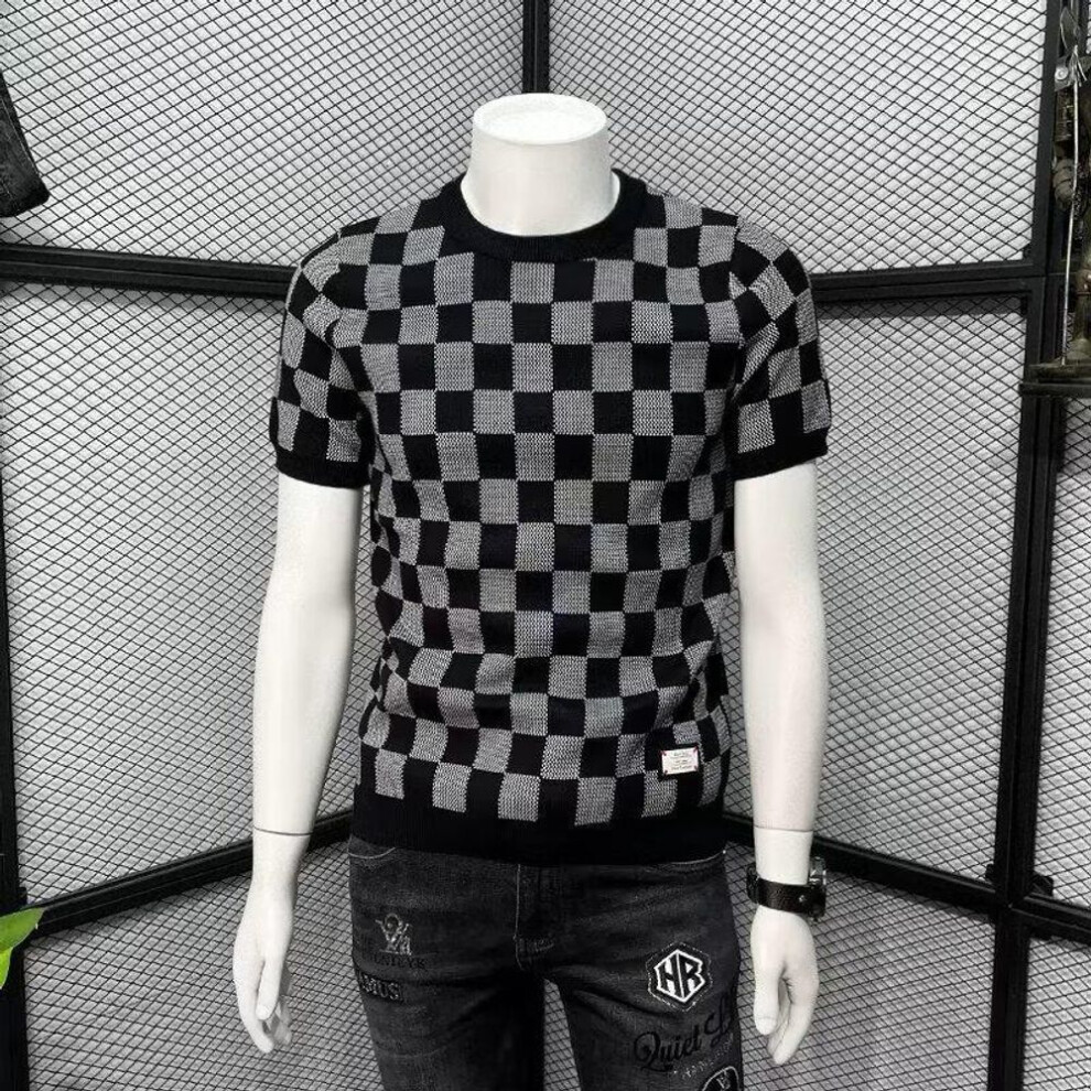 (gray, 3XL) Men's 2024 Summer Silk Plaid Short-sleeve Loose T-shirt