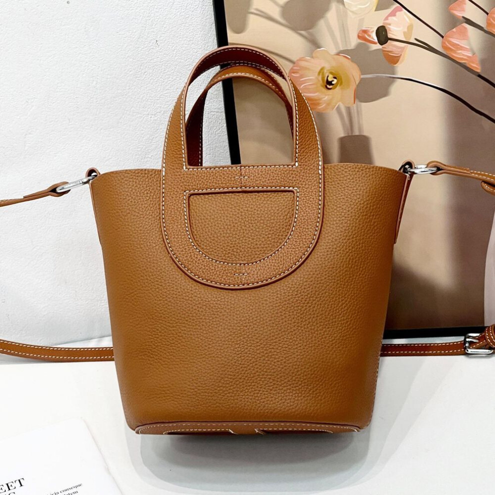 (brown, 19*12*21CM) High-end Versatile Women's Soft Leather Bucket Shoulder Bag