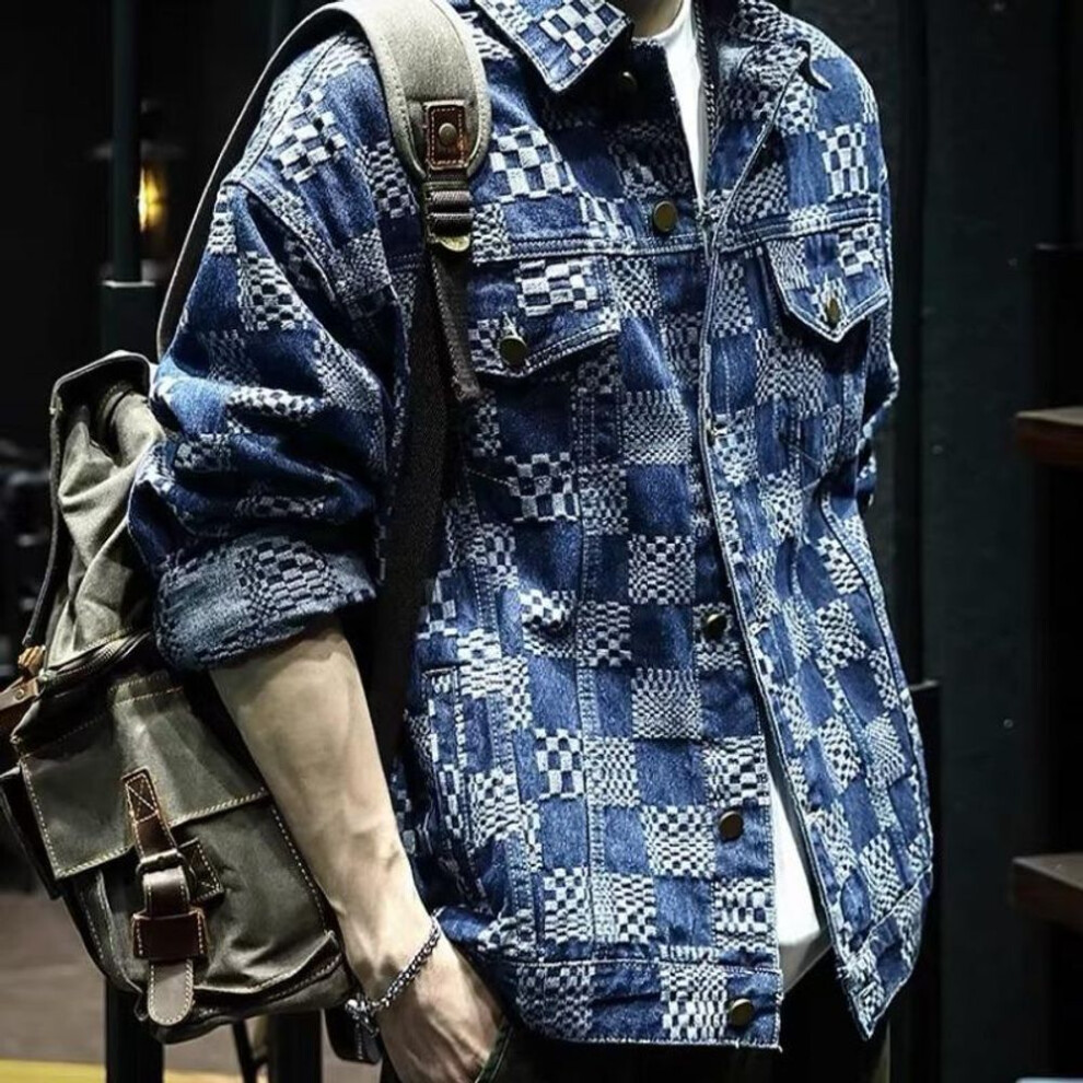 (3XL) Men's Trendy Plaid Jacquard Denim Jacket - Autumn Loose Fit, Large Size, Casual Handsome Design
