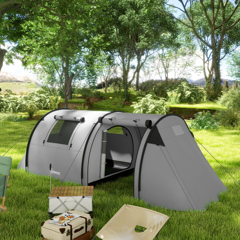 Outsunny 2 Room Camping Family Tent for 3-4 Man, 3000mm Waterproof, Grey