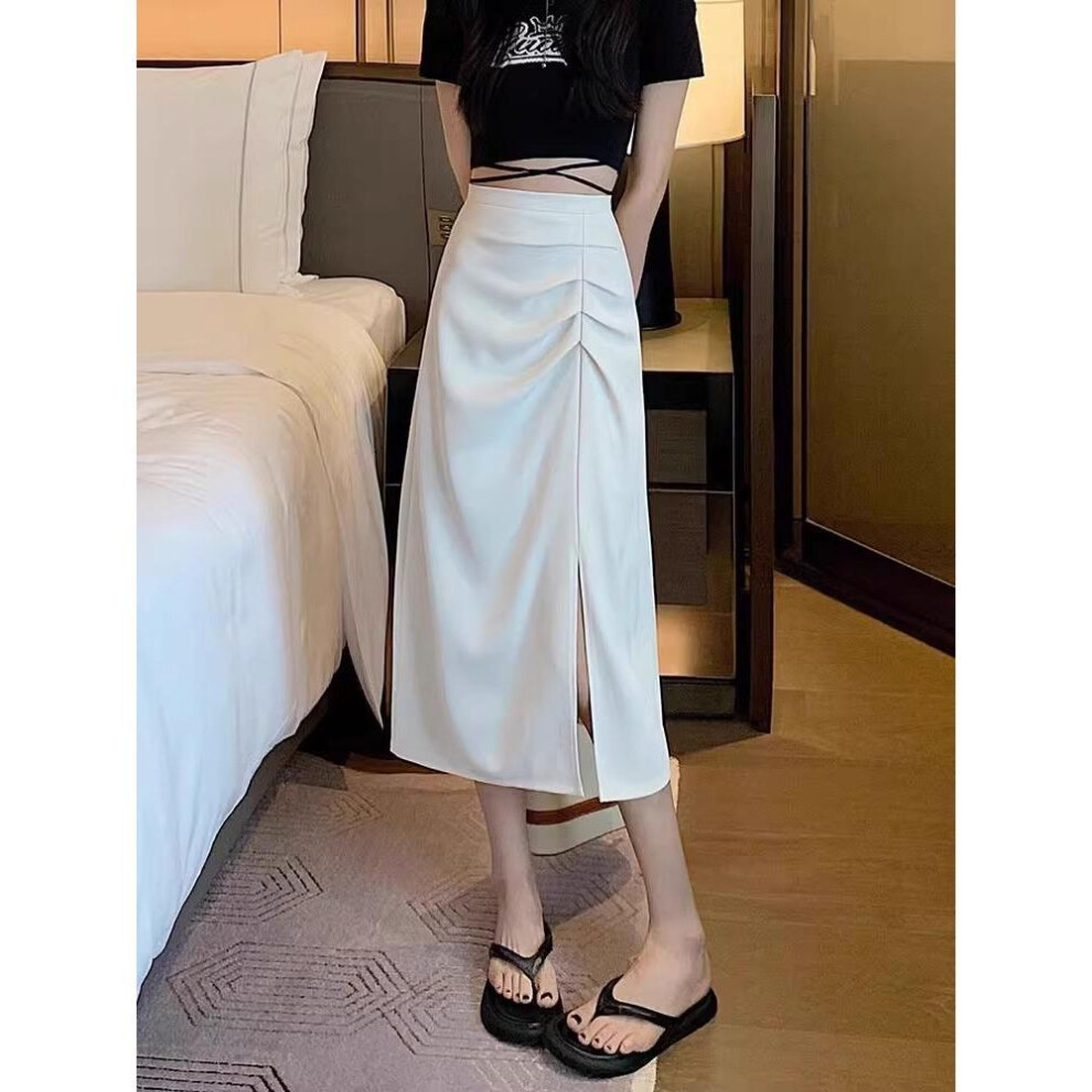 (apricot, XL) Women's High Waist Spring A-line Slim Midi Skirt With Side Slit