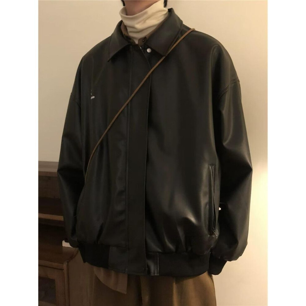 (black, L) Men's Black Leather Motorcycle Jacket, Slim Fit, 2023 Spring Korean Style Trendy Coat