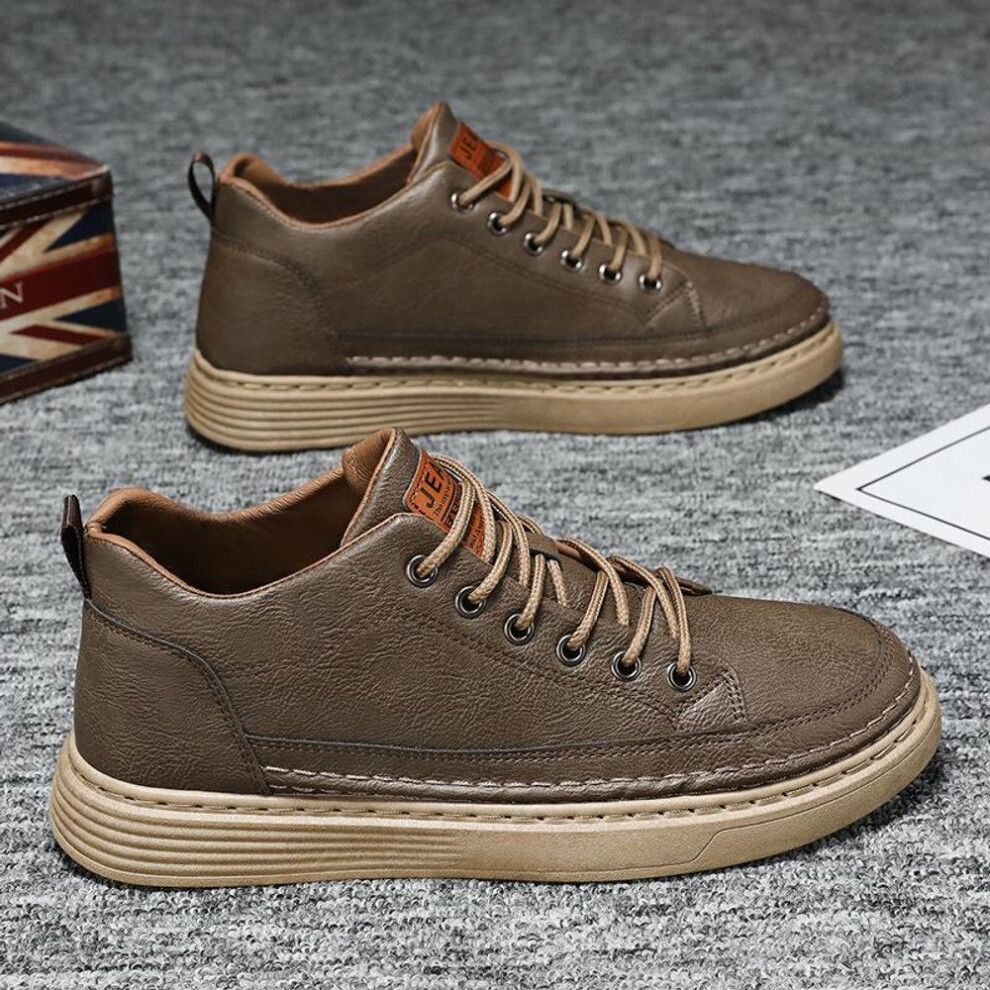 (khaki, 40) Men's Trendy Waterproof Non-slip Black Leather Casual Shoes