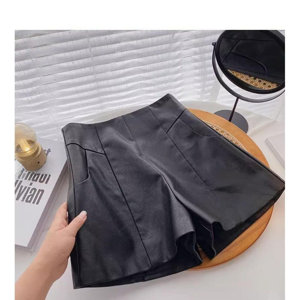(black, L) Women's 2023 PU Leather High-Waisted A-Line Shorts - Fashionable Korean Style Wide-Leg Pants for Autumn and Winter.