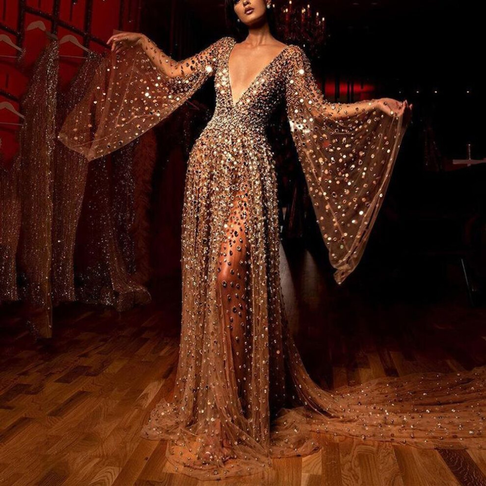 (Extra Large) "women's 2020 European-american Sequin Deep V Long-sleeve Dress