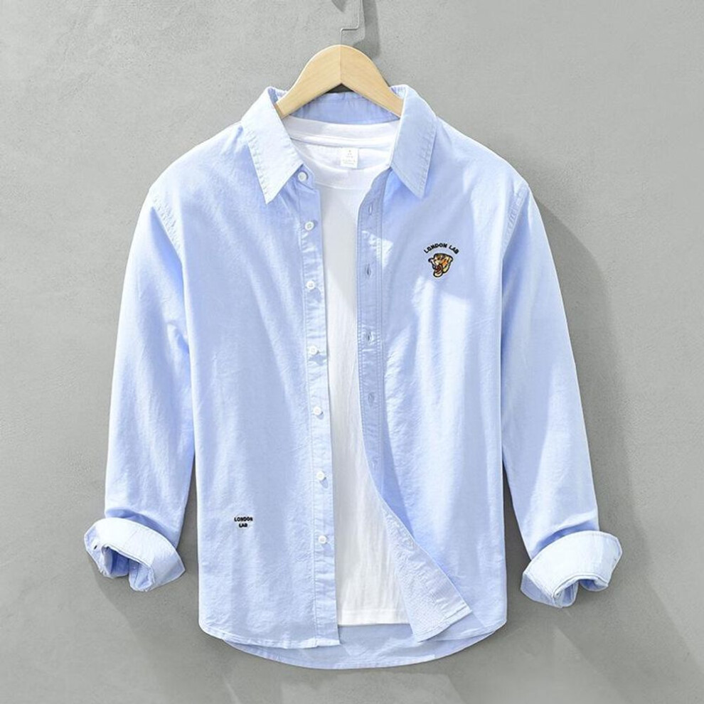 (light blue, XL) 6633 Men's Oxford Long-Sleeve Embroidered Casual Shirt Jacket