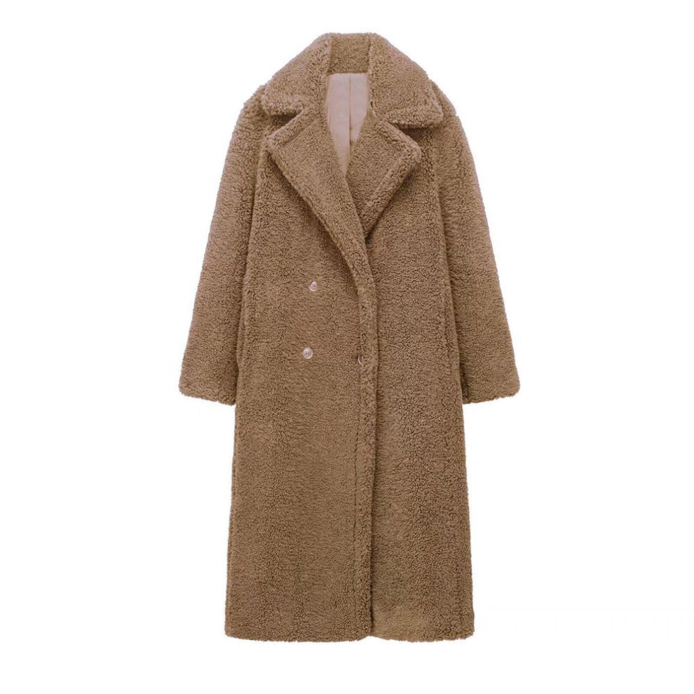(coffee, M) European & American Style Women's Winter Warm Double-breasted Long Lambskin Coat (1255700)