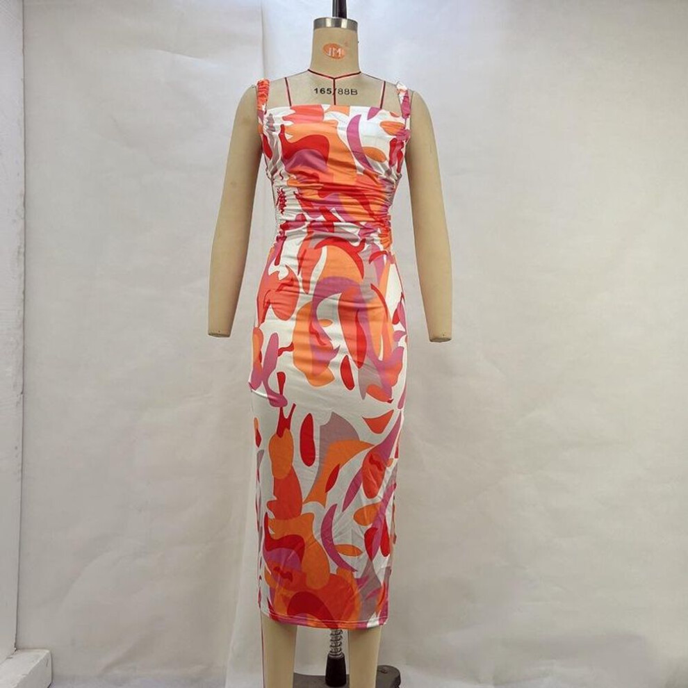 (orange, Large) "2024 Summer European & American Backless Strap Dress - Women's Printed Slim Fit